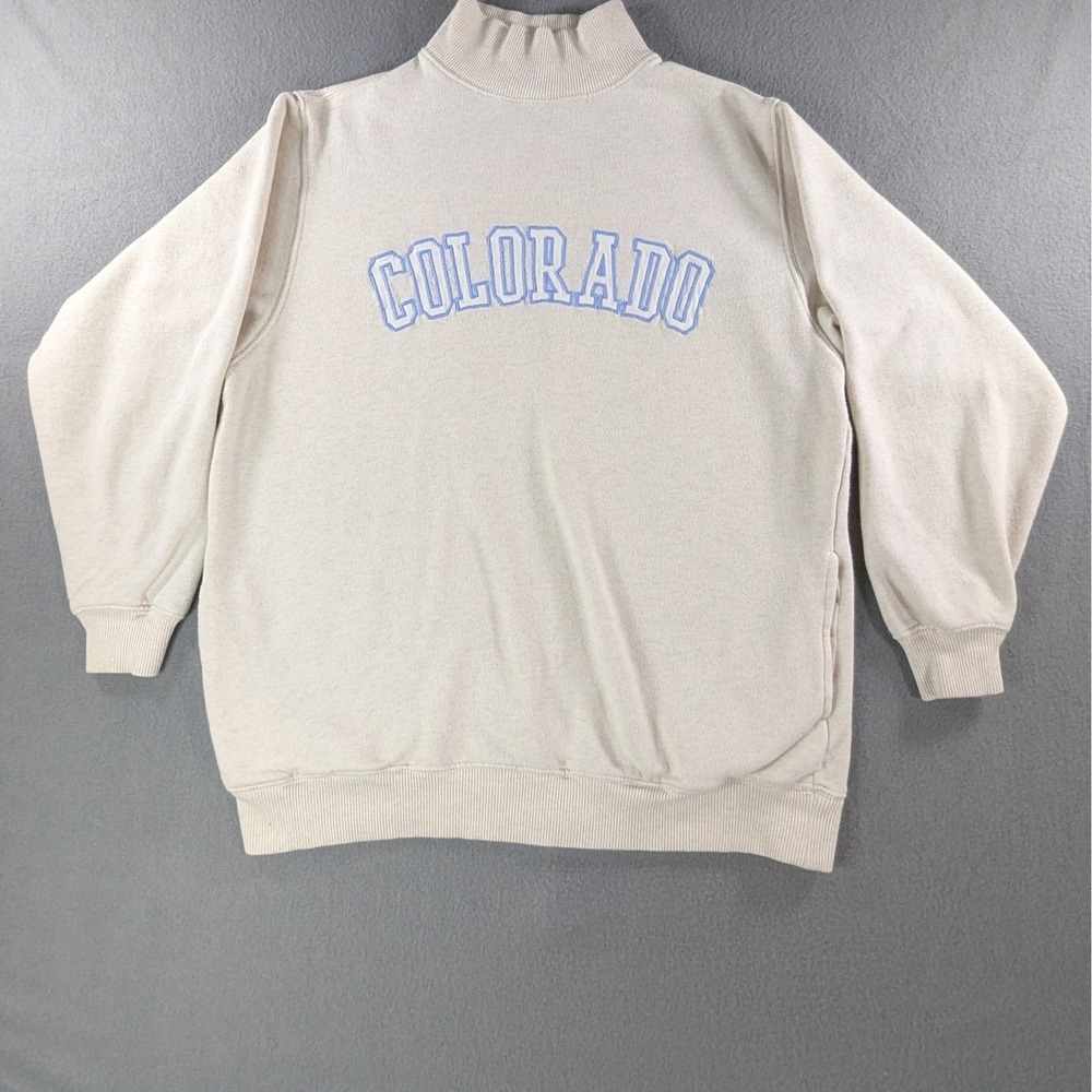 Aerie Womens Colorado Graphic Mock Neck Sweatshirt XS Oatmeal Beige Blue‎